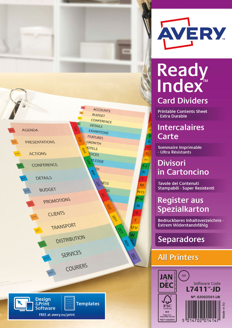 Avery Readyindex Divider Jan-Dec Punched 190gsm Card White with Coloured Mylar Tabs 02002501