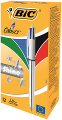 Bic 4 Colours Shine Ballpoint Pen 1mm Tip 0.32mm Line Silver Barrel Black/Blue/Green/Red Ink (Pack 12)