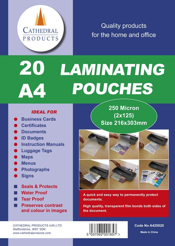 Cathedral Laminating Pouch A4 2x125 Micron Gloss (Pack 20)
