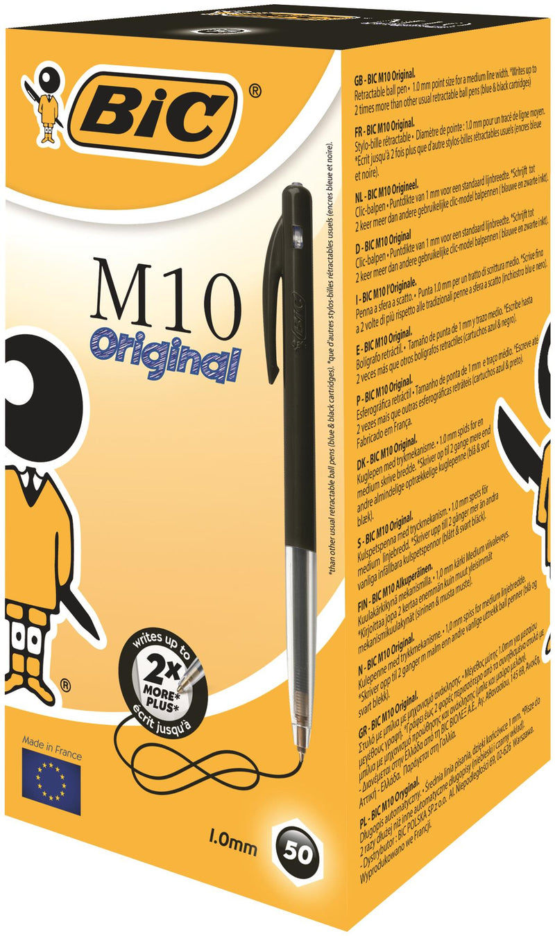 Bic M10 Clic Retractable Ballpoint Pen 1mm Tip 0.32mm Line Black (Pack 50)