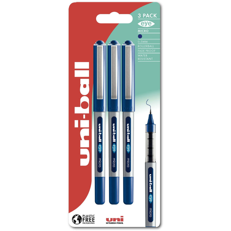 uni-ball Eye Micro UB-150 Liquid Ink Rollerball Pen 0.5mm Tip 0.3mm Line Plastic Free Packaging Blue (Pack 3)