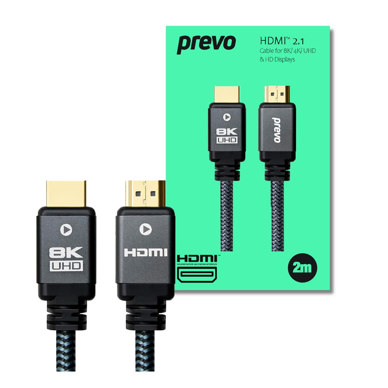 Prevo HDMI-2.1-2M HDMI Cable, HDMI 2.1 (M) to HDMI 2.1 (M), 2m, Black & Grey, Supports Displays up to 8K@60Hz, 99.9% Oxygen-Free Copper with Gold-Plated Connectors, Superior Design & Performance, Retail Box Packaging