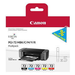 Canon PGI72 Matte Black Cyan Magenta Yellow Red Standard Capacity Ink Cartridge 5 x 14ml Multipack - 6402B009