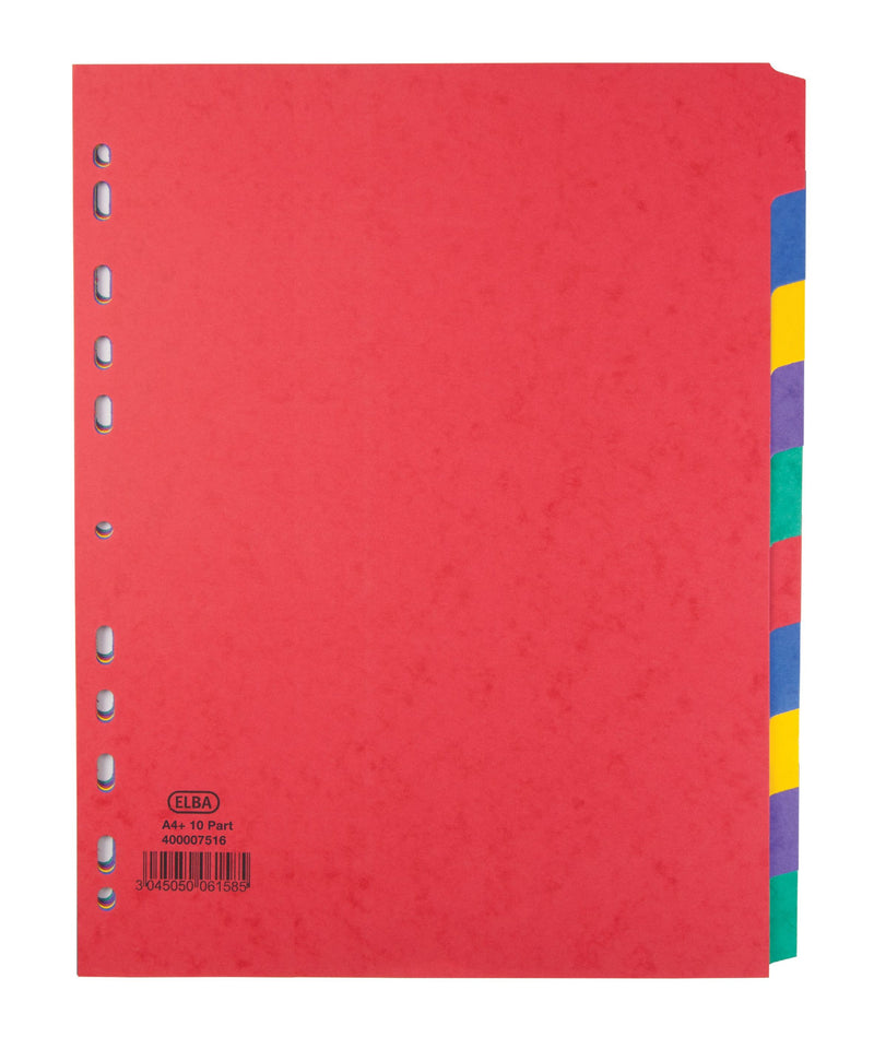 Elba Coloured Pressboard Dividers A4+ Euro Punched 10 Part