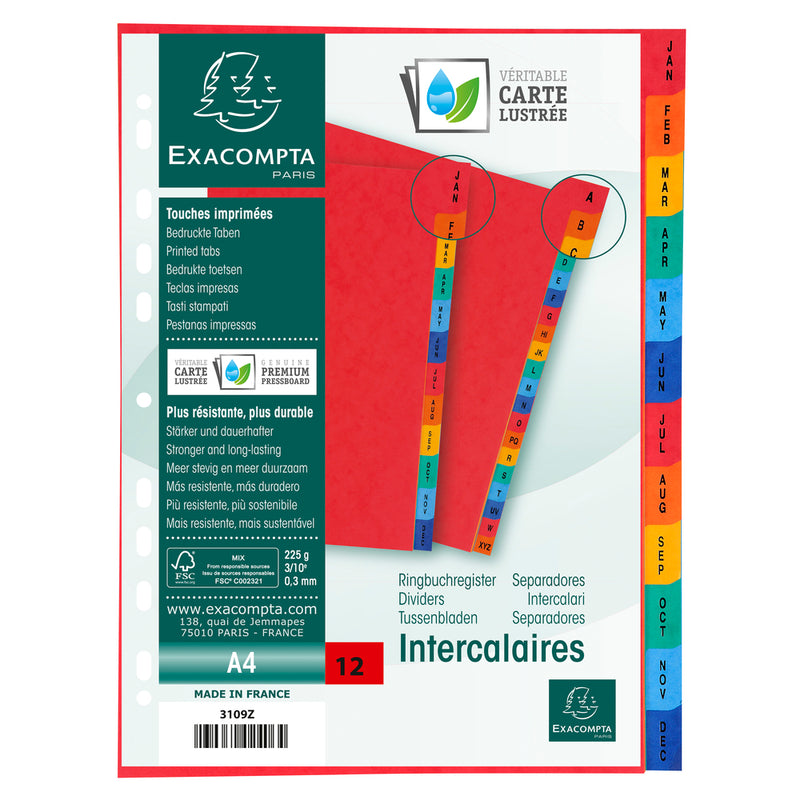 Exacompta Index Jan-Dec A4 225gsm Pressboard Assorted Colours