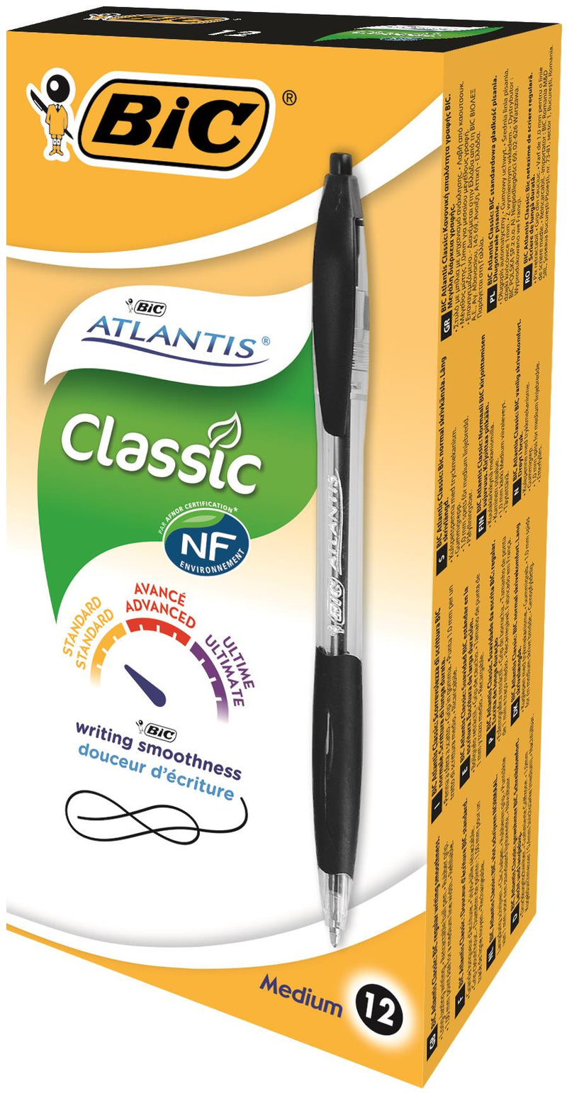 Bic Atlantis Retractable Ballpoint Pen 1mm Tip 0.32mm Line Black (Pack 12)