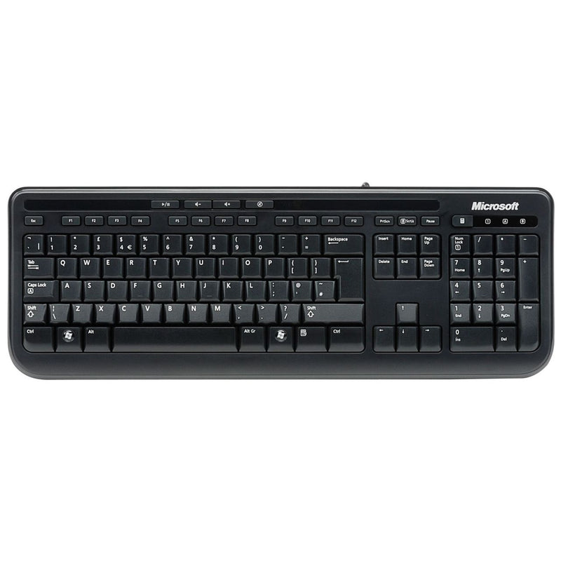 Microsoft 600 Wired Keyboard, USB Plug-and-Play, Full-Size, Spill-Resistant, Quiet-touch Keys, Compatible with Windows, Mac and Android, QWERTY UK English Layout, Black